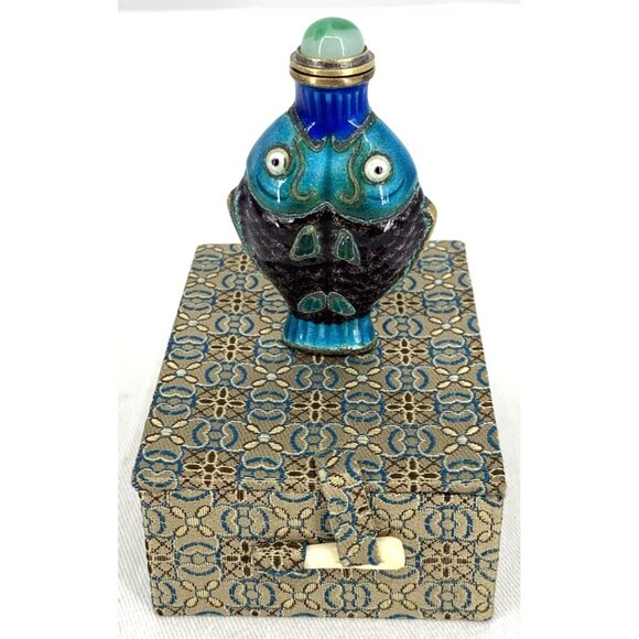 Double Koi Fish Metal & Enamel Snuff Bottle Vintage 2 5/8" Tall Original Box - Picture 1 of 10